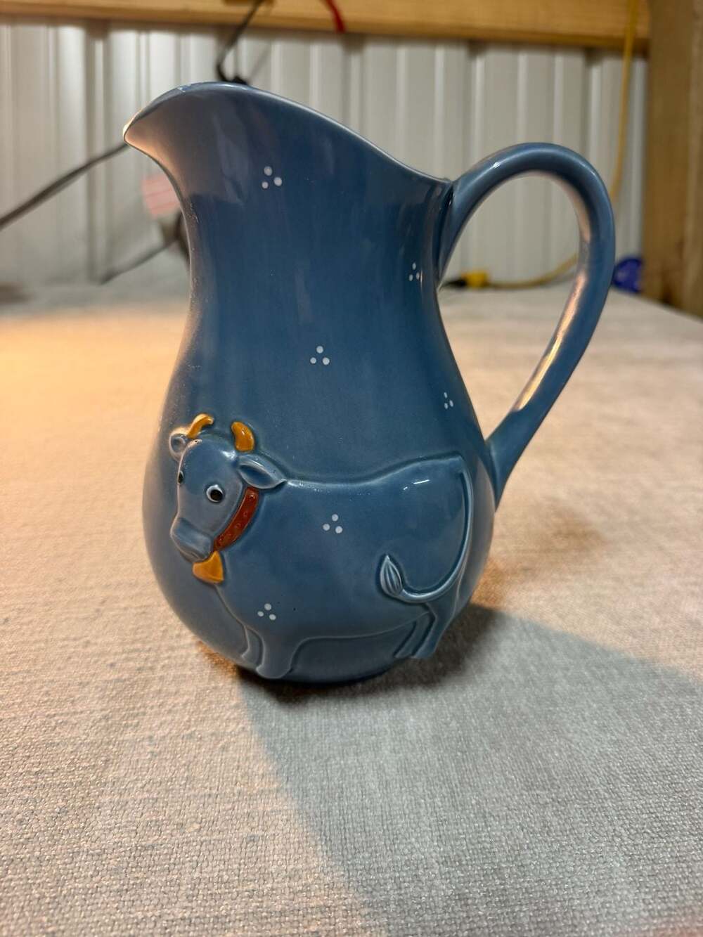 Vintage Otagiri Blue Ceramic Cow Milk Pitcher with White Dotted Accents